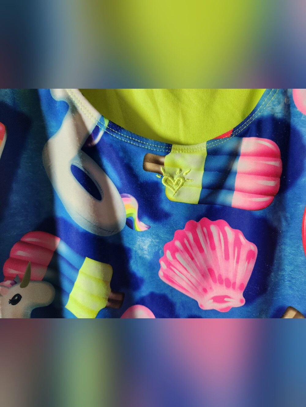Justice Big Girl Blue Pool Floaty Rainbow Flamingo Popsicle One-Piece Swimsuit - Picture 6 of 8